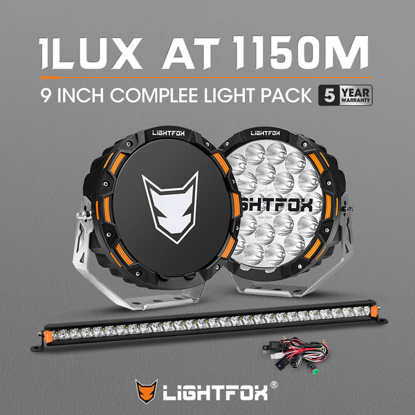 LIGHTFOX OSRAM 9inch LED Driving Lights + 28 inch Single Row LED Light Bar + Wiring Kit