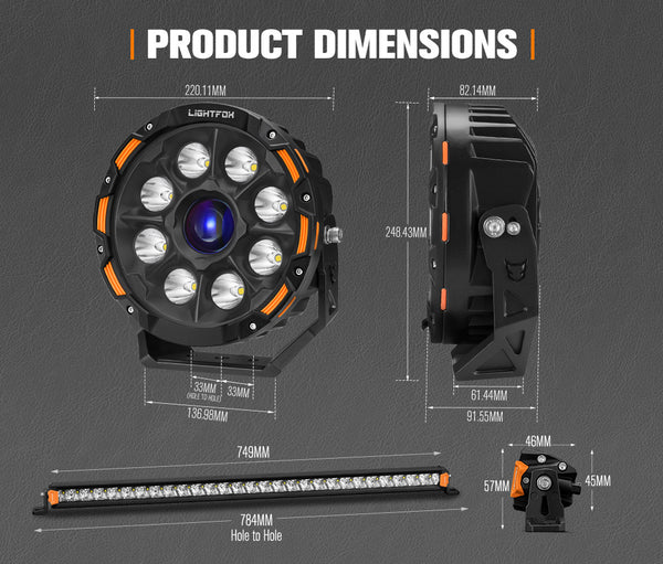 LIGHTFOX OSRAM 9 inch Laser Round Driving Lights 28 inch Single Row LED Light Bar Spot with  Wiring Kit