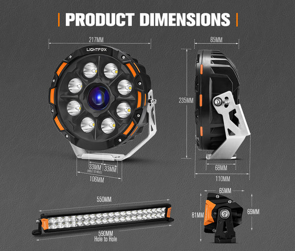 LIGHTFOX OSRAM 9 inch Laser Round Driving Lights 20 inch Dual Row LED Light Bar Headlight with Wiring Kit