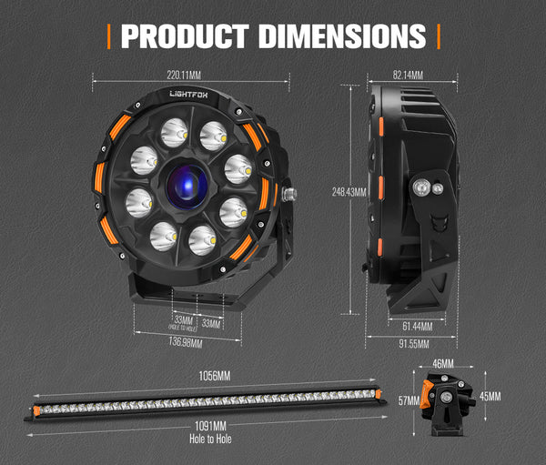 LIGHTFOX OSRAM 9 inch Laser Round Driving Lights 40 inch Single Row LED Light Bar Spot with Wiring Kit