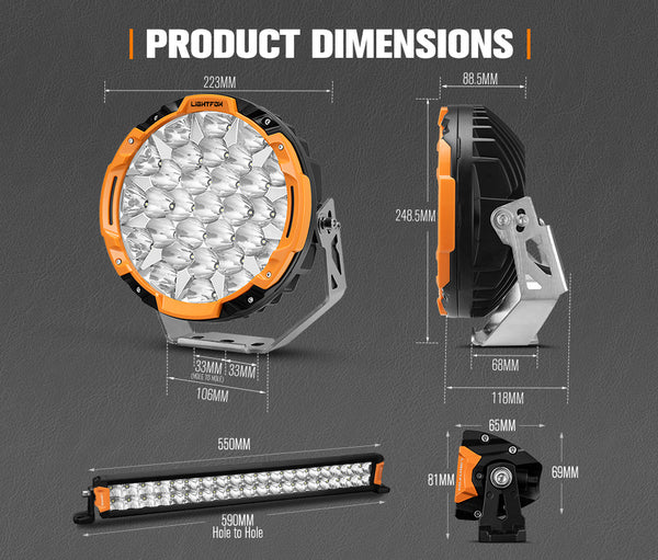 LIGHTFOX Osram 9 inch LED Driving Lights + 20 inch Dual Row LED Light Bar w/ Wiring Kit