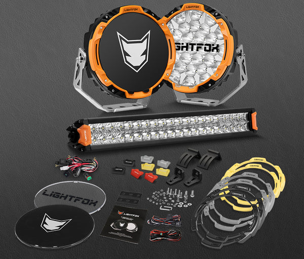 LIGHTFOX Osram 9 inch LED Driving Lights + 20 inch Dual Row LED Light Bar w/ Wiring Kit