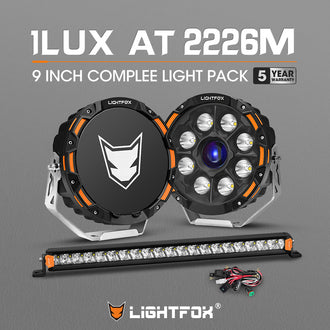 LIGHTFOX OSRAM 9" Laser Round Driving Lights 20" Single Row LED Light Bar Spot with Wiring Kit